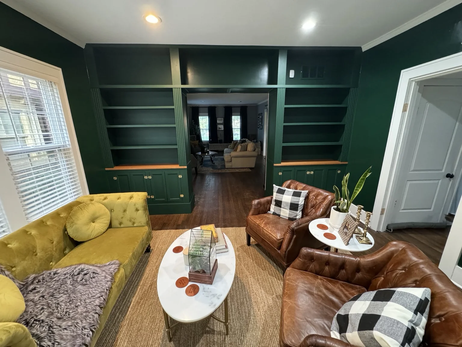 Library furniture returned after the completed green built-ins were installed